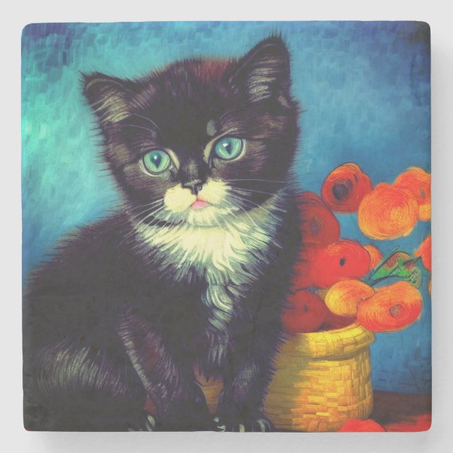 Van Gogh Tuxedo Cat Steinuntersetzer (Vorderseite)