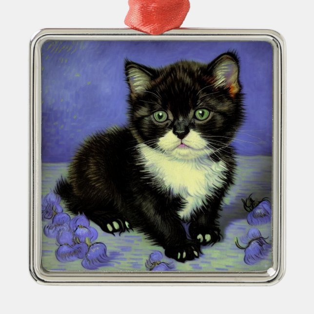 Van Gogh Tuxedo Kitten Ornament Aus Metall (Vorne)