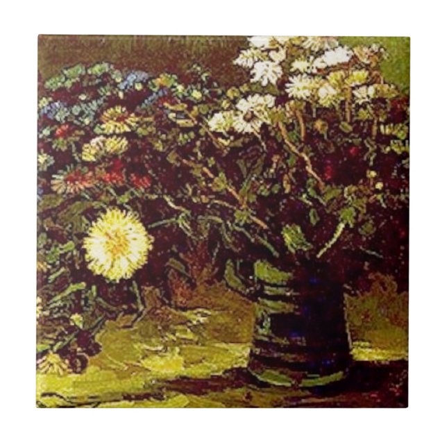 Van Gogh Vase blüht Blume Vintage Malerei Fliese (Vorderseite)
