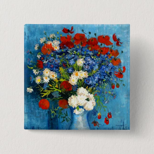Van Gogh Vase mit Kornblumen und Pflaumen Button (Vorderseite)