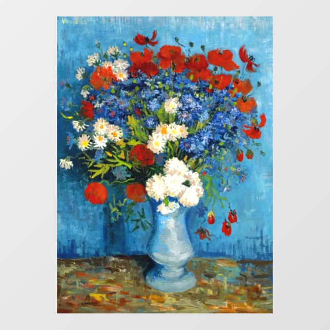 Van Gogh Vase mit Kornblumen und Pflaumen Fensteraufkleber (Blatt)