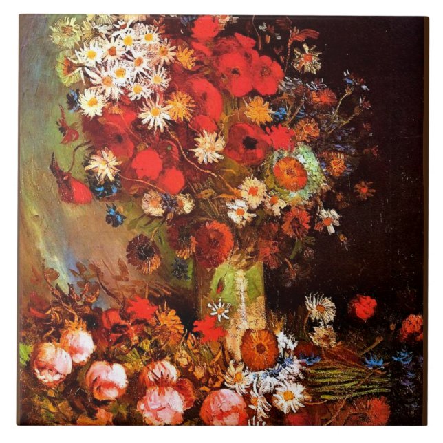 Van Gogh - Vase mit Pflücken, Kornblumen, Peonies Fliese (Vorderseite)