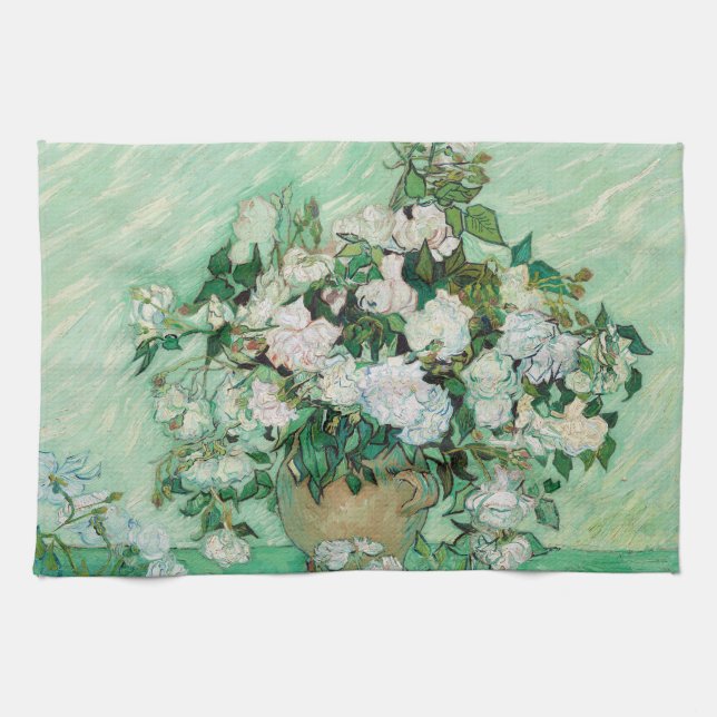 Van Gogh Vase mit rosa Rosen Blume Malerei Geschirrtuch (Horizontal)