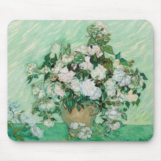 Van Gogh Vase mit rosa Rosen Blumengemälde Mousepad (Vorne)