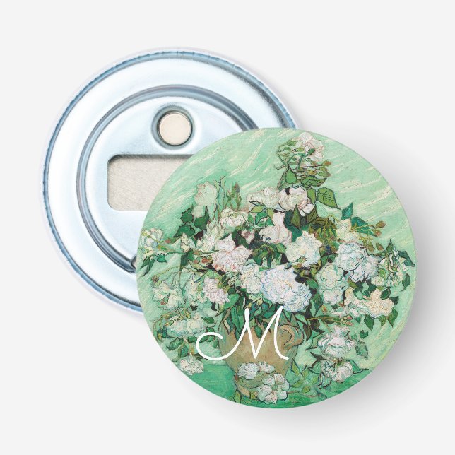 Van Gogh Vase mit rosa Rosenmalerei Monogramm Flaschenöffner (Vorderseite)