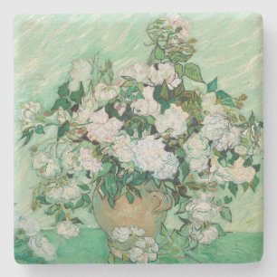 Van Gogh Vasen mit rosa Rosen Vintage-Blumenkunst Steinuntersetzer