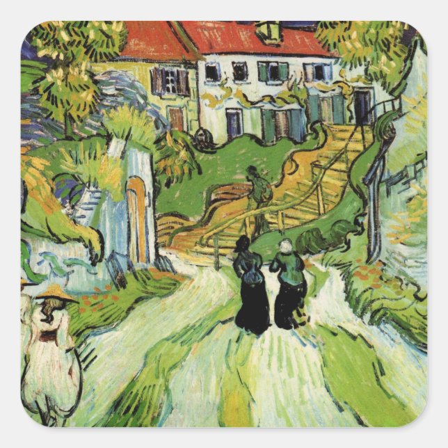Van Gogh Village Street und Steps Auvers, Figures Quadratischer Aufkleber (Vorderseite)