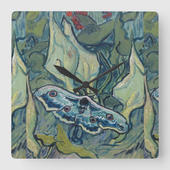 Van Gogh Vintag Great Peacock Moth Quadratische Wanduhr (Vorderseite)