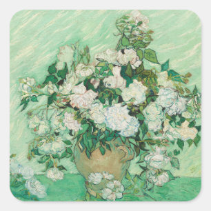 Van Gogh Weiße Rosen - Vintage Mint Florale Kunst Quadratischer Aufkleber