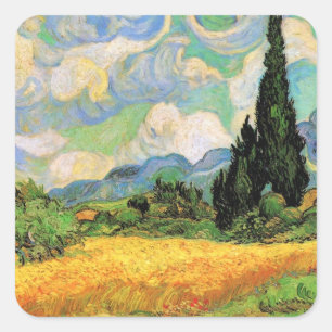 Van Gogh Weizenfeld mit Zypressen auf der Haute Ga Quadratischer Aufkleber