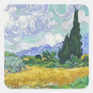 Van Gogh Weizenfeld mit Zypressen Kunst Quadratischer Aufkleber