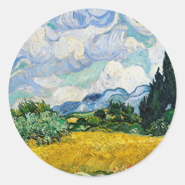 Van Gogh Wheat Field mit Zypressen. Impressionismu Runder Aufkleber (Vorderseite)