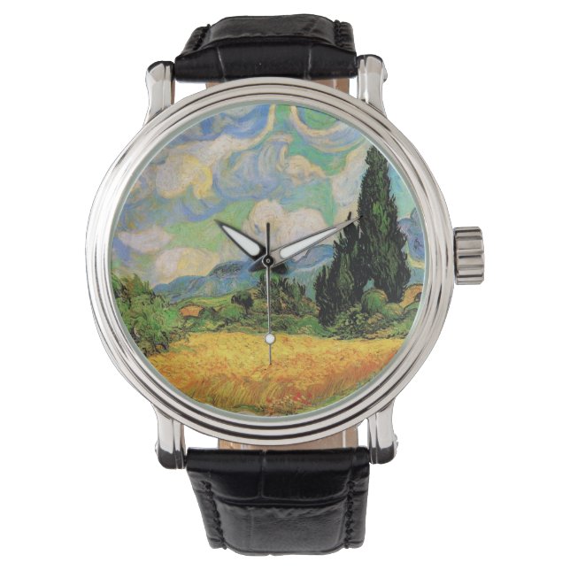 Van Gogh Wheat Field w Cypressen bei Haute Galline Armbanduhr (Vorderseite)