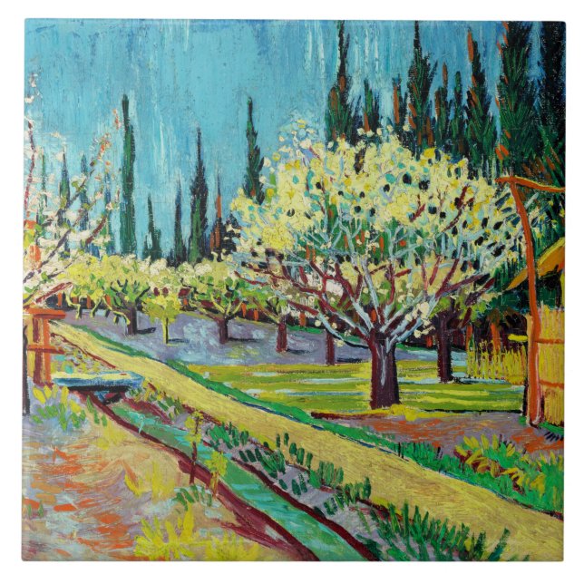 Van Gogh - Zypressenumrandeter Obstgarten Fliese (Vorderseite)