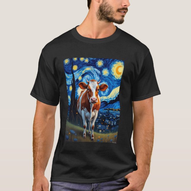 Van Gogh's Starry Night Cow Bovine Animal Lovers T-Shirt (Vorderseite)