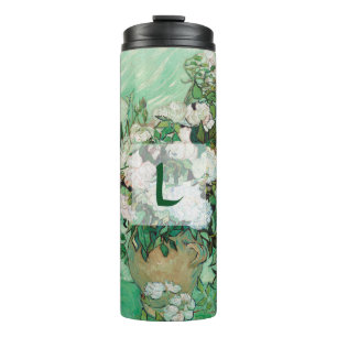 Van- Goghvase mit rosa Rosen-Blumenkunst-Monogramm Thermosbecher
