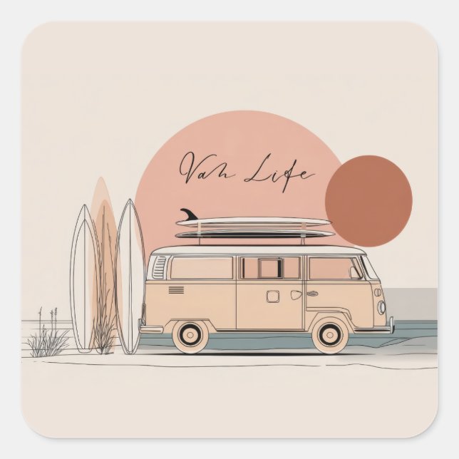 Van Life Surf Van – Retro Beach Camper Aesthetic  Quadratischer Aufkleber (Vorderseite)