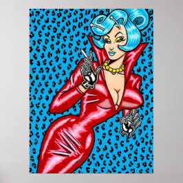 Vana DeVinyl™/Rotes Vinyl-Kleid/Blauer Leopard-Pos Poster