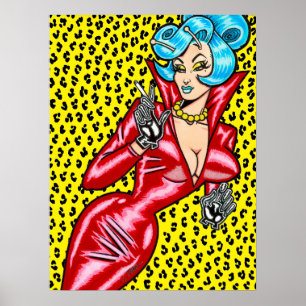 Vana DeVinyl™/Rotes Vinyl-Kleid/Gelber Leopard Poster