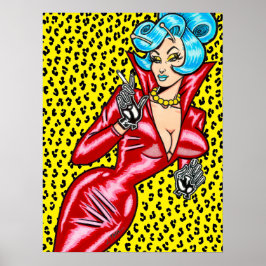 Vana DeVinyl™/rotes Vinylkleid/gelber Leopard Poster