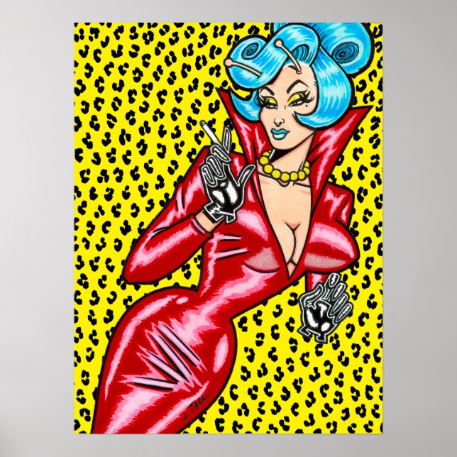 Vana DeVinyl™/rotes Vinylkleid/gelber Leopard Poster (Vorne)