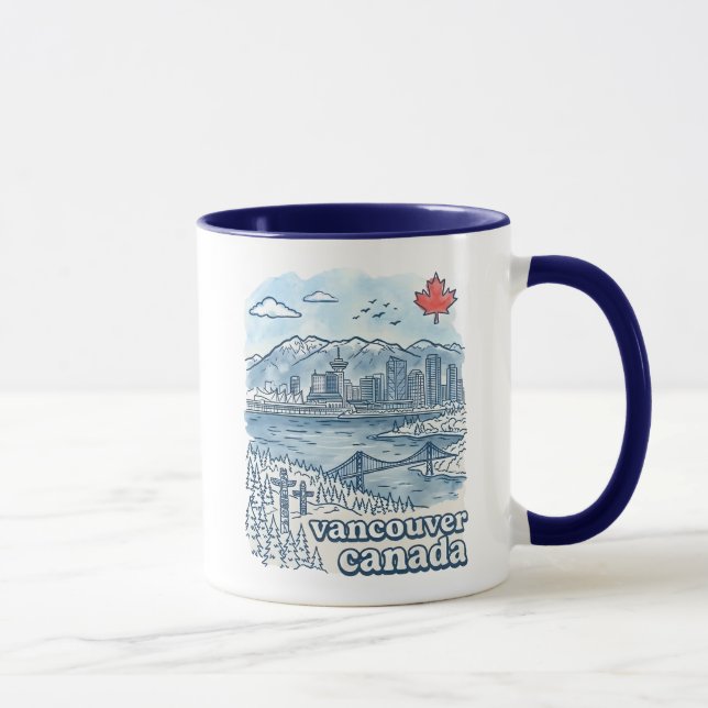 Vancouver BC Kanada Einfache Blaue Skyline Tasse (Rechts)