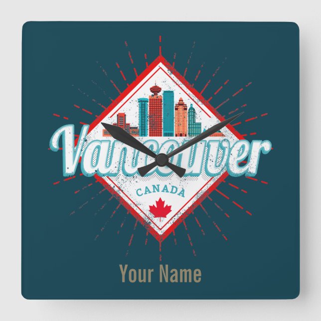 Vancouver Skyline British Columbia Retro Kanada Quadratische Wanduhr (Vorderseite)