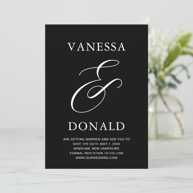 Vanessa Black Modern Wedding Save The Date (Stehend Vorderseite)