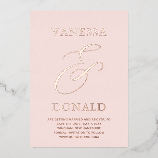 Vanessa Blush Pink Moderne Hochzeit retten das Dat Folieneinladung (Vorderseite)