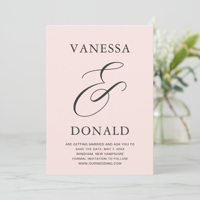 Vanessa Blush Pink Moderne Hochzeit Save The Date (Stehend Vorderseite)