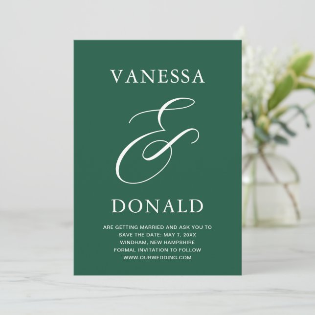 Vanessa Emerald Green Modern Wedding Save The Date (Stehend Vorderseite)