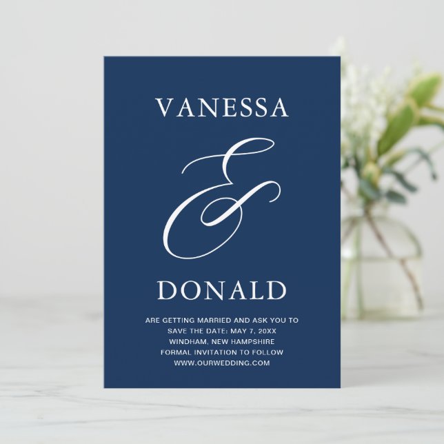 Vanessa Navy Blue Modern Wedding Save The Date (Stehend Vorderseite)