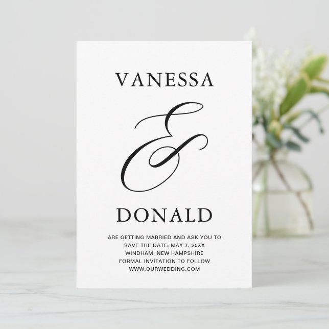Vanessa Schwarz-weiß Moderne Hochzeit Save The Date (Stehend Vorderseite)