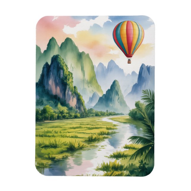 Vang Vieng Laos Heißluftballon Aquarell Magnet (Vertikal)