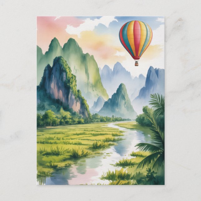  Vang Vieng Laos Hot air Balloon watercolor Postkarte (Vorderseite)
