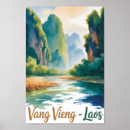 Vang Vieng Laos Vintage-Wasserfarbenmalerei Poster
