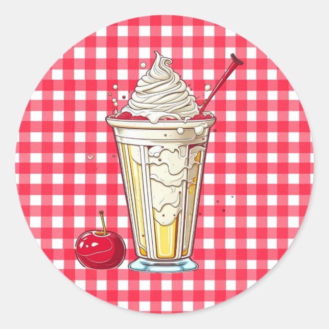 Vanilla Milkshake mit Kirschen Red Checked Runder Aufkleber (Vorderseite)