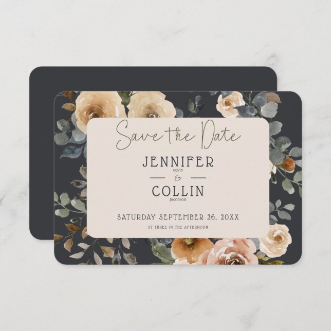 Vanilla White Boho Rose Blue Wedding Save The Date (Vorne/Hinten)