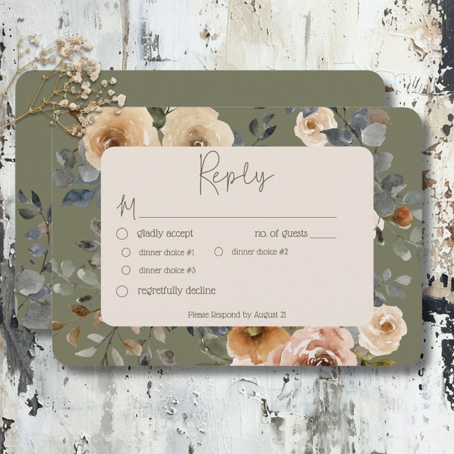 Vanilla White Boho Rose Hochzeitsessen RSVP Karte (Vanilla White Boho Roses Sage Wedding Dinner RSVP Card)