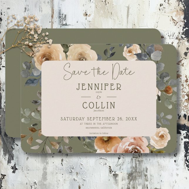 Vanilla White Boho Rose Sage Wedding Save The Date (Vanilla White Boho Roses Sage Wedding Save The Date)