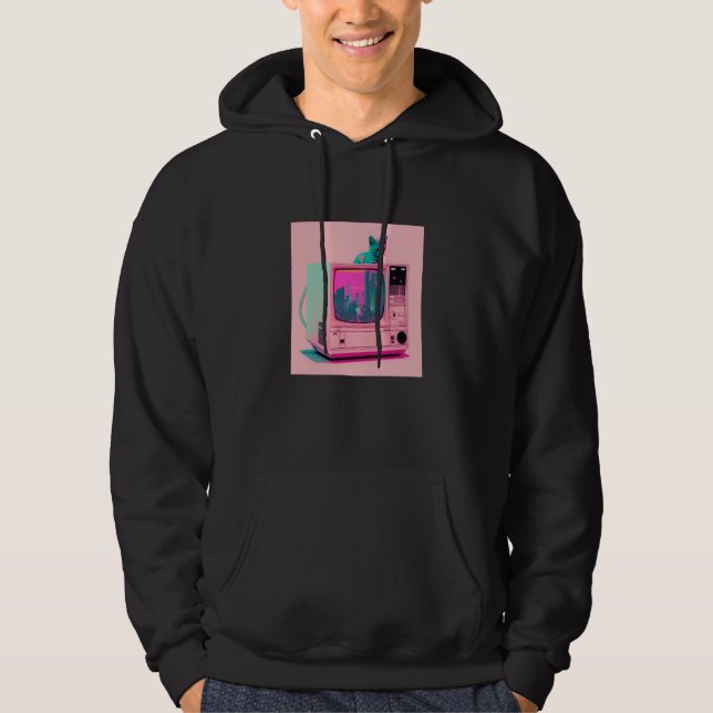 Vaperwave Aesthetic Glitch Cat Retrowave Synthwave Hoodie (Vorderseite)