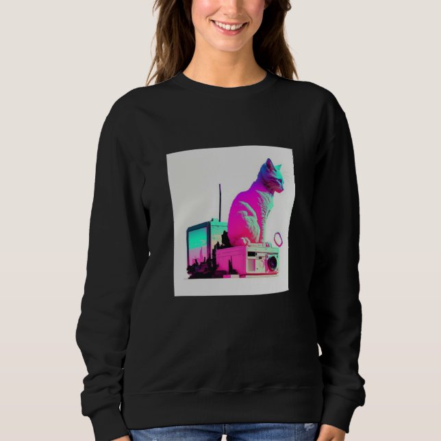 Vaperwave Aesthetic Glitch Cat Retrowave Synthwave Sweatshirt (Vorderseite)