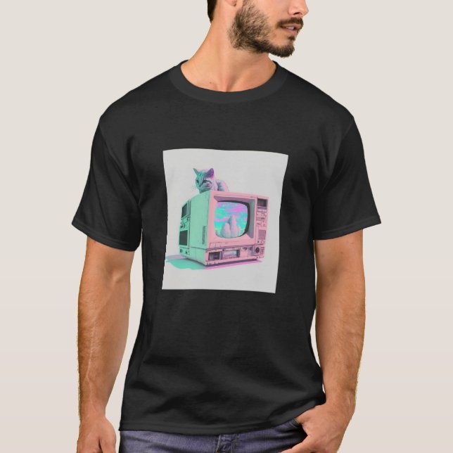 Vaperwave Aesthetic Glitch Cat Retrowave Synthwave T-Shirt (Vorderseite)