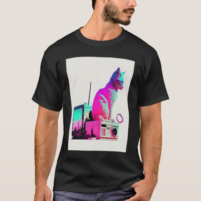 Vaperwave Aesthetic Glitch Cat Retrowave Synthwave T-Shirt (Vorderseite)