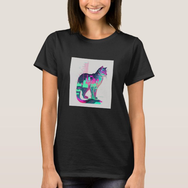 Vaperwave Aesthetic Glitch Cat Retrowave Synthwave T-Shirt (Vorderseite)