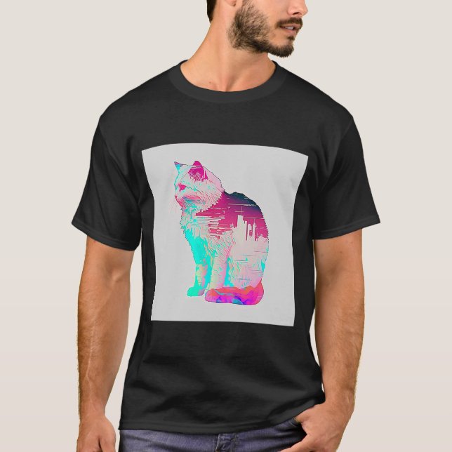 Vaperwave Aesthetic Glitch Cat Retrowave Synthwave T-Shirt (Vorderseite)