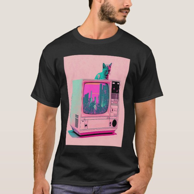 Vaperwave Aesthetic Glitch Cat Retrowave Synthwave T-Shirt (Vorderseite)