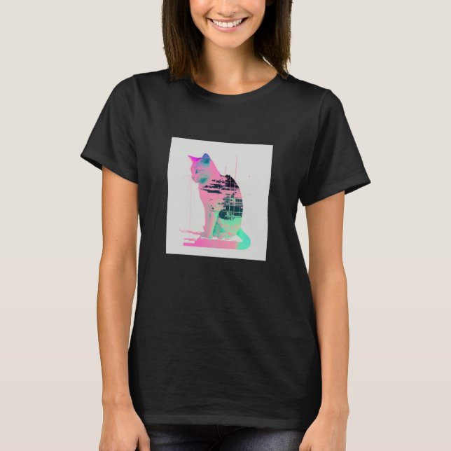 Vaperwave Aesthetic Glitch Cat Retrowave Synthwave T-Shirt (Vorderseite)
