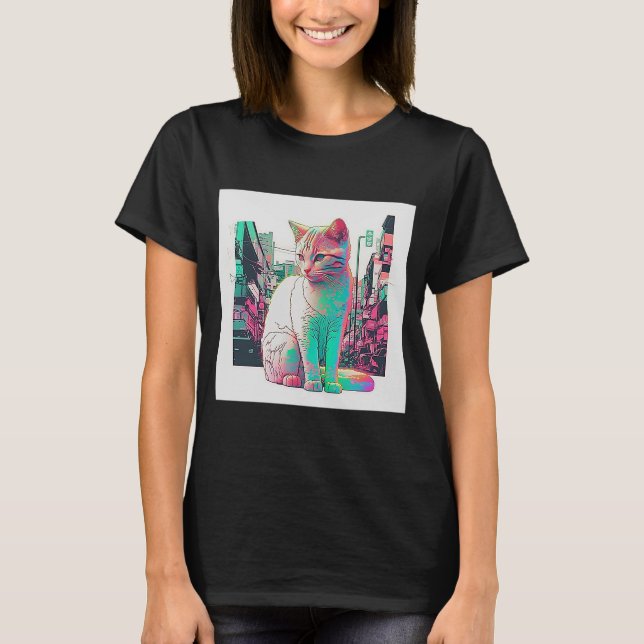 Vaperwave Aesthetic Glitch Cat Retrowave Synthwave T-Shirt (Vorderseite)