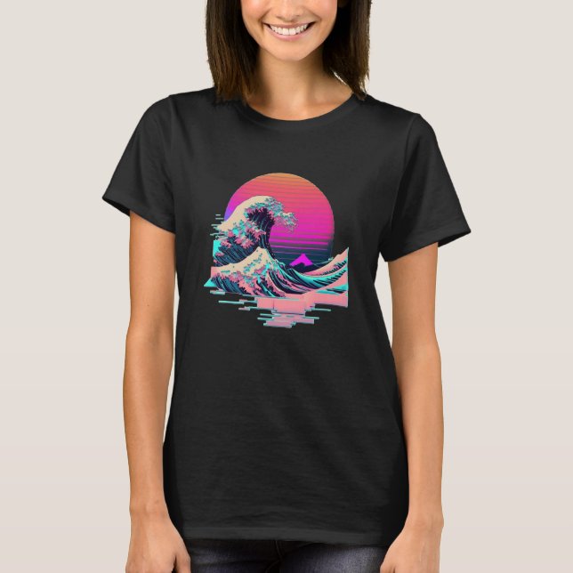 Vaperwave Aesthetic Glitch Great Wave Retrowave Sy T-Shirt (Vorderseite)